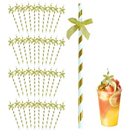 Ouliget Butterfly Stripe Paper Straws,Butterfly Ribbon Decor Disposable Party Drinking Straws, Decoration Supplies Set for Valentine's Day, Brithday, New Year, Party,40 Pieces (Golden)