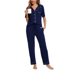 Lovasy Pyjamas for Women Soft Ladies Pyjamas Button Down Pjs for Women Sets Classic Womens Pyjamas Sets with Pockets,Navy Blue,XL