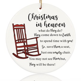 Christmas in Heaven Memorial Ornaments, Memory Ornament with an Empty Chair Double-Sided Printed Ceramic Ornament for Christmas Tree Keepsake Gift