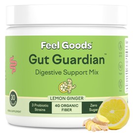 Feel Goods Gut Guardian, Organic Fiber, Probiotic & Prebiotic Powder, Sugar Free, Herbs for Bloat, Gut Health Support, Digestive Health for Men & Women, Non GMO, Vegan, Lemon Ginger, 30 Servings