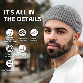 OUTDOOR SHAPING Merino Wool Short Fisherman Beanies for Men Women, Knit Cuff Trawler Beanie Cap, Winter Warm Daily Hat, Light Gray, One Size