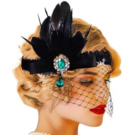 GENBREE 1920s Flapper Headbands Black Mesh Veil Hair Band Fascinator Hats Cocktail Tea Party Costume Hair Accessories for Women (Pattern 1)