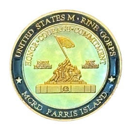 Marine Corps Recruit Depot MCRD Parris Island Challenge Gold Plated Coin with Iwo Jima Scene & USMC Emblem - Durable Enamel Finish, Perfect for Veterans & Collectors