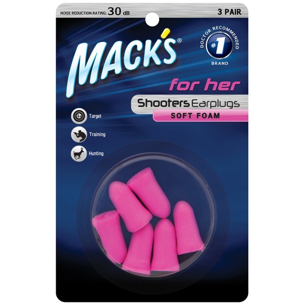 Mack's For Her Soft Foam Shooting Ear Plugs, 3 Pair - Small Earplugs for Hunting, Tactical, Target, Skeet and Trap Shooting