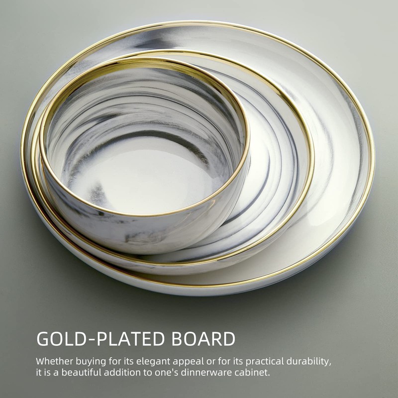 Pokini Marble Gold Rim Dinnerware Sets, Porcelain Plates and Bowls