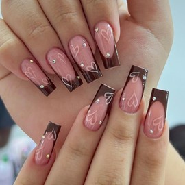 24Pcs Long Coffin Press on Nails Brown French Tip Fake Nails Pink Glue on Nails Love False Nails with Rhinestone Designs Full Cover Artificial Acrylic Nails Decoration for Women