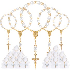 Foshird 15 Stück Rosenkranz Katholisch mit Kreuz Anhänger Geschenkanhänger Organzabeutel Glücksbringer Armband Gastgeschenke für Taufe Kommunion Konfirmation Hochzeit Auto Party (Gold)