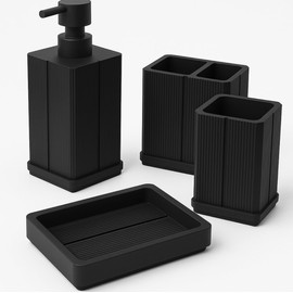 Modern 4-Piece Bathroom Accessories Set, Ribbed Design, Matte Black, Includes Soap Dispenser, Toothbrush Holder, Tumbler, Soap Dish