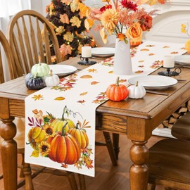 lafo 33 x 183 cm Linen Tablecloth for Thanksgiving, Autumn Table Runner Set with Pumpkin and Maple Leaf Design, Autumn Decoration, Table Decoration for Party, Home, Outdoor, Includes 20 Sheets of