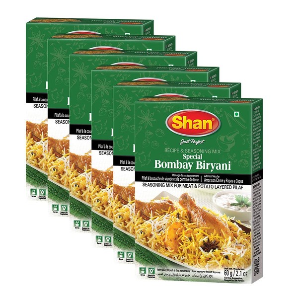 Shan Bombay Biryani Recipe and Seasoning Mix Bundle - 60g Spice Powder, (Pack of 6) - No Preservatives - Tasty rice dish/meat layered Pilaf