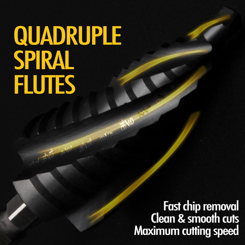 Four Spiral Flute Cobalt Step Drill Bit, 1/4" - 1-3/8"