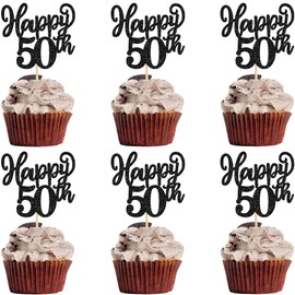 24 piezas de decoraciones para cupcakes Happy 50th con purpurina para cincuenta saludos a 50 púas de magdalenas, 50 fabulosos números 50, decoraciones para tartas de cumpleaños para 50 cumpleaños, boda, aniversario, fiesta, suministros de color negro