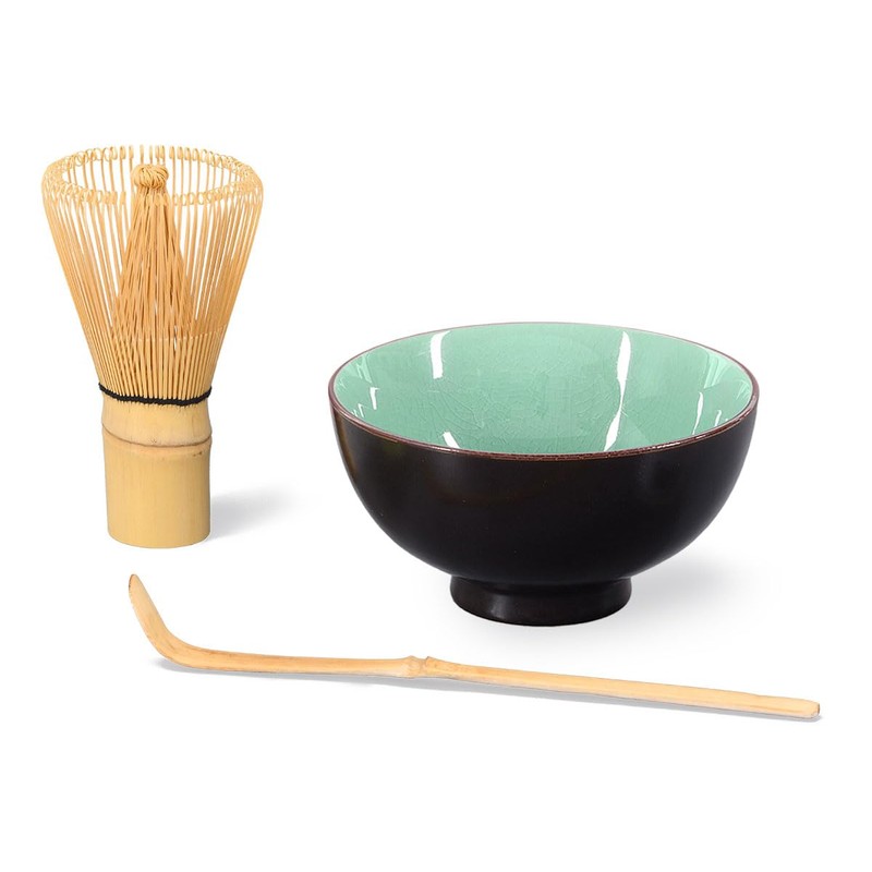 Matcha-Set 3-teilig moosgrün,bestehend aus Matcha-Schale, Matcha-Löffel und Matcha-Besen (Bambus) in