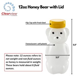 CLEARVIEW CONTAINERS 12oz Honey Bears (12oz Translucent Bear, Yellow Lid - 24 Pack) Perfect for Holidays, Baby Shower Gifts, Beekeeping, Honey Dispensing