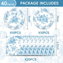 40PCS Blue and White Floral Plates Floral Party Decorations Include Plates Napkins For 20 Guests,Floral Party Supplies For Girls