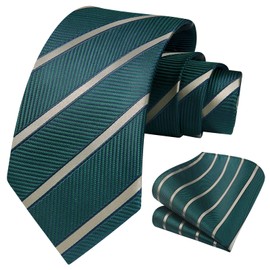 HISDERN Mens Ties Striped Ties for Men Formal Tie and Pocket Square Set Necktie for Wedding Business Graduation, F5 Green & Champagne, One Size