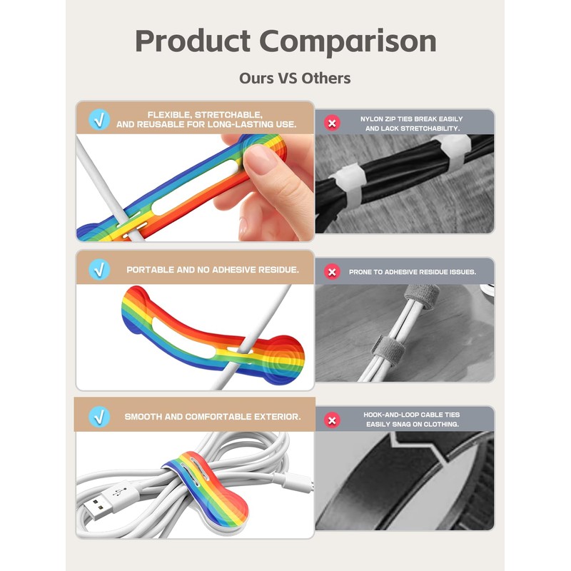 Maveek Magnetic Cable Ties Cord Organizer, 10 Pack Rainbow Silicone