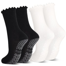 ARERWA Non Slip Yoga Socks Women Pilates Socks Anti Skid Socks 2 Pairs for Lady Home Workout Barre Ballet Dance UK 4-7(black+white)