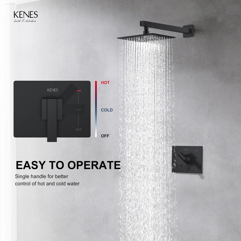 KENES Matte Black Shower Faucet with Square Shower Trim Kit