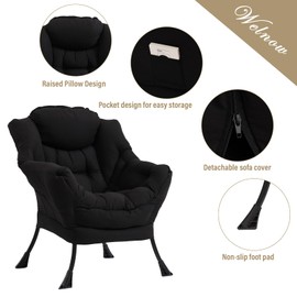 Welnow Lazy Chair with Ottoman, Modern Lounge Accent Chair with Armrests and a Side Pocket, Leisure Sofa Armchair Set, Reading Armchair with Footrest for Small Space, Black