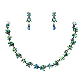 BriLove Womens Jewelry Set Crystal Rhinestones Butterfly Marquise Cluster Leaf Vine Filigree Necklace Dangle Earrings for Wedding Prom Emerald Color Black-Tone