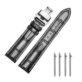 MUENShop Watch Strap with Folding Clasp Leather Quick Release Genuine Leather Strap for 18 mm - 24 mm Black Brown Blue Green Calfskin Replacement for Men / Women, Black and white., Classic