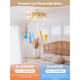 Ceiling Fans with Lights,20'' Boho Ceiling Fan with Light Flush Mount, Enclosed Rattan Caged with 6 Speeds, Remote Control for Bedroom Nursery Living Room
