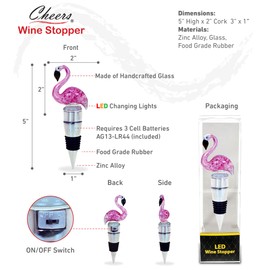 Cheers Glass Wine Stopper - Multi-Color LED Light Up Metal Novelty Wine Corks Toppers - Decorative Reusable Wine Bottle Stopper Gift - Champagne Stoppers for Party Favors, Bar Accessories - Flamingo