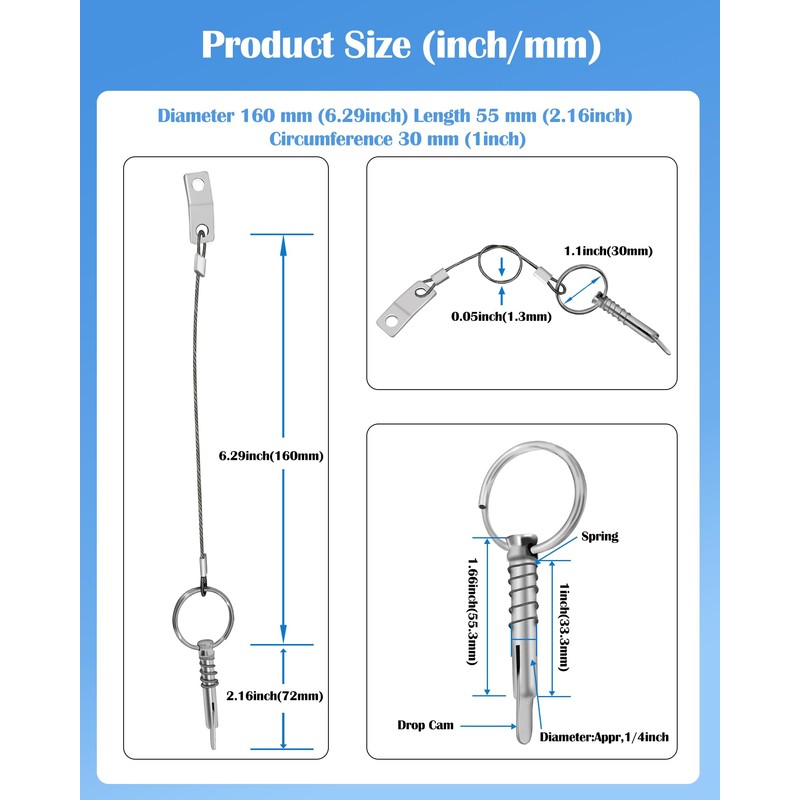 Nerites 1/4" Diameter Bimini Top Quick Release Pins 316 Stainless