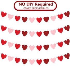 Quimoy 4 Pack Felt Heart Garland Banner, NO-DIY Valentine Decorations for Home Office Wall Party, 40 PCS Red Pink Heart Banner for Valentine, Anniversary, Wedding
