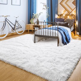 YJ.GWL Area Rugs for Living Room Bedroom, 6x9 Machine Washable Large White Carpet, Soft Fluffy Shaggy Thick Big Shag Indoor Floor Rug for Kids Boy and Girls Room Dorm Home Decor Aesthetic