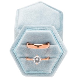 POKOFO Vintage Hexagon Velvet Bearer Box Double Ring with Detachable Lid (Light Ocean Blue)