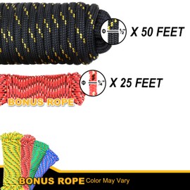 Wellmax Diamond Braid Nylon Rope, 1/2 in X 50 Foot with UV Protection and Weather Resistance, Black