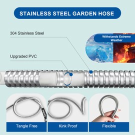 Sunifier Metal Garden Hose 30 Ft Flexible Stainless Steel Water Hose 25 Ft 50 Ft With Hose Nozzle, Heavy Duty No Kink Hose (30FT)