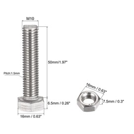 TOP-VIGOR 4Pcs M10 x 50mm Hex Head Screws Bolts, Nuts, Flat & Lock Washers Kits, 304 Stainless Steel Fully Thread Hexagon Bolts for DIY Bike Motorcycles Repair