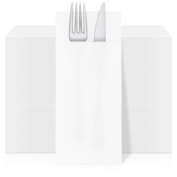 100 Pcs White Paper Napkins with Built-in Flatware Pocket Prefolded