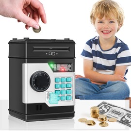 Foyucool Piggy Bank for Kids, Cash Coin Can ATM Bank with Music and Fingerprint Unlocking Simulation, Electronic Coin Money Bank Gifts Toy for Kids Boys Girls, Black