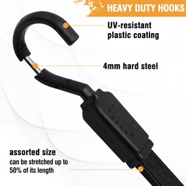 Bungee Cords with Hooks Heavy Duty, 6 Pack Long Flat Bungee Cords Assorted Size 32" 48" 60", Rubber Black Bungee Straps with Metal Buckle Hooks for Outdoor, Camping, Tarps, Bike Rack, Tent, Car, Truck