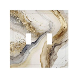 White Gold Marble 2 Gang Double Toggle Decorative Light Switch Cover Electrical Wall Plates Receptacle Switchplate Faceplates for Bathroom Bedroom