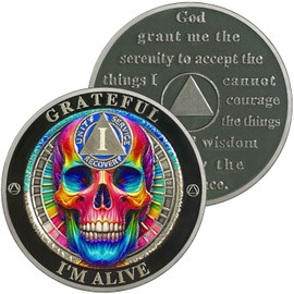 1 Year Colorful Head Bone Sobriety Coin | AA Chip Medallion with Serenity Prayer | Anniversary Token for Men & Women in Recovery | AA Sobriety Gifts Medallion for Month & Year Milestones