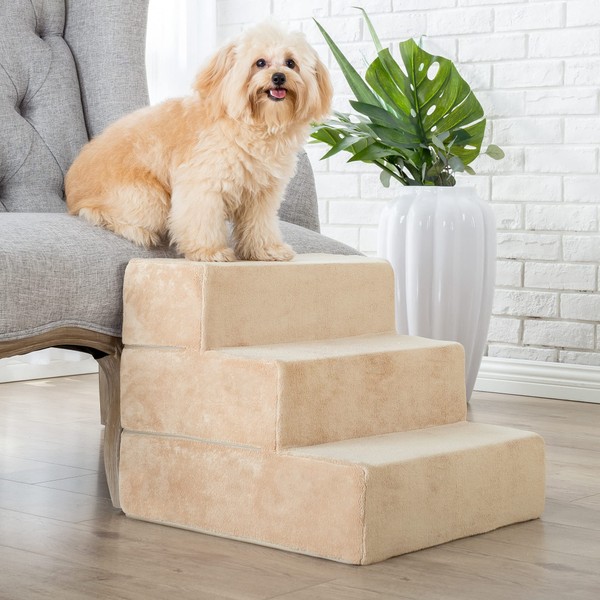 ZINUS Foam 15 Inch 3-Step Step Pet Stairs / Pet Ramp for Cats and Dogs, Small, Beige
