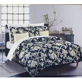 Nicole Miller Queen Duvet Cover Chinoiserie Eastern Floral Vines Navy Blue White