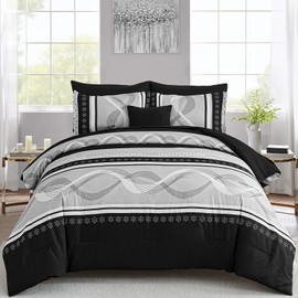 Anibedding Black Comforter Set Queen Size,8 Pieces Boho Bed in a Bag Patchwork Striped Comforter Set, Soft Microfiber Bedding Set for All Season(90"×90")