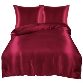 PiccoCasa Satin Bed Linen 155 x 200 cm Red 3-Piece Plain Smooth Luxury Silk Duvet Cover with Zip and Pillowcase 80 x 80 cm Cuddly Soft Bedding Sets