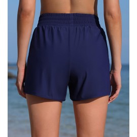 Charmo Women High Waist Board Shorts with Zip Pockets 2 in 1 Board Shorts Swim Bottom with Liner Swimwear Navy L