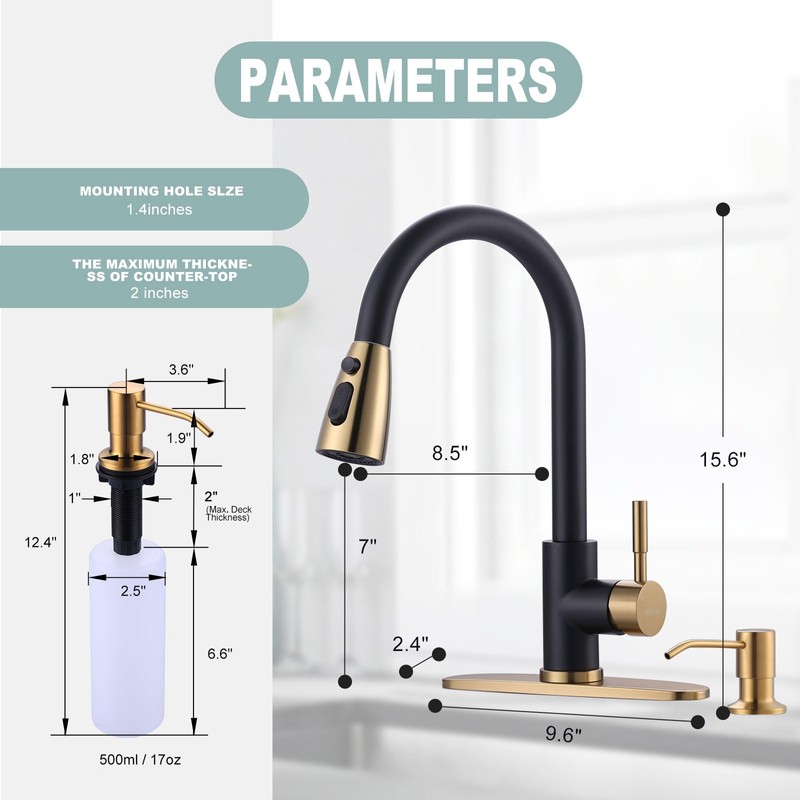 Black and Gold Kitchen Faucet with Soap Dispenser, WOWOW Stainless