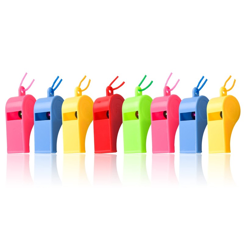 NAUZE 48 Pieces Neon Whistles with Lanyards Plastic Whistles Party