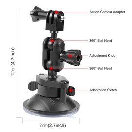 TzezFoz Suction Cup Mount for Gopro Mount, Car Camera Mount with Adjust Windshield Camera Holder, Car Camera Mount Compatible with GoPro Hero Series/DJI OSMO Action/Insta360 x2 x3 Action Camera Mount