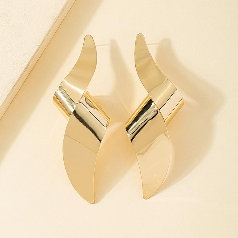 Chunky Geometric Twisted Statement Earrings for Women, Exaggerated 14K Gold