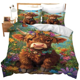 Highland Cow Full Bedding Set Cute Highland Cattle Animal Flower Home Room Decor 3 Pieces Comforter Set Includes 1 Comforter Cover and 2 Pillow Shams for Kids Boys Girls